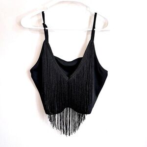 Women’s Fringed V-Neck Crop Tank Top in Black Size 2XL